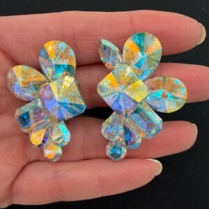 Vintage AB Crystal Clip On Earrings Large Faceted Statement Aurora Borealis